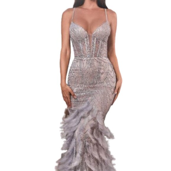 Ladivine CC2308 Prom Dress Silve-Nude Size 8 - Picture 1 of 4